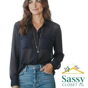 Banana Republic Navy Sheer Dotted Button Down Shirt Pockets Women’s XS EUC